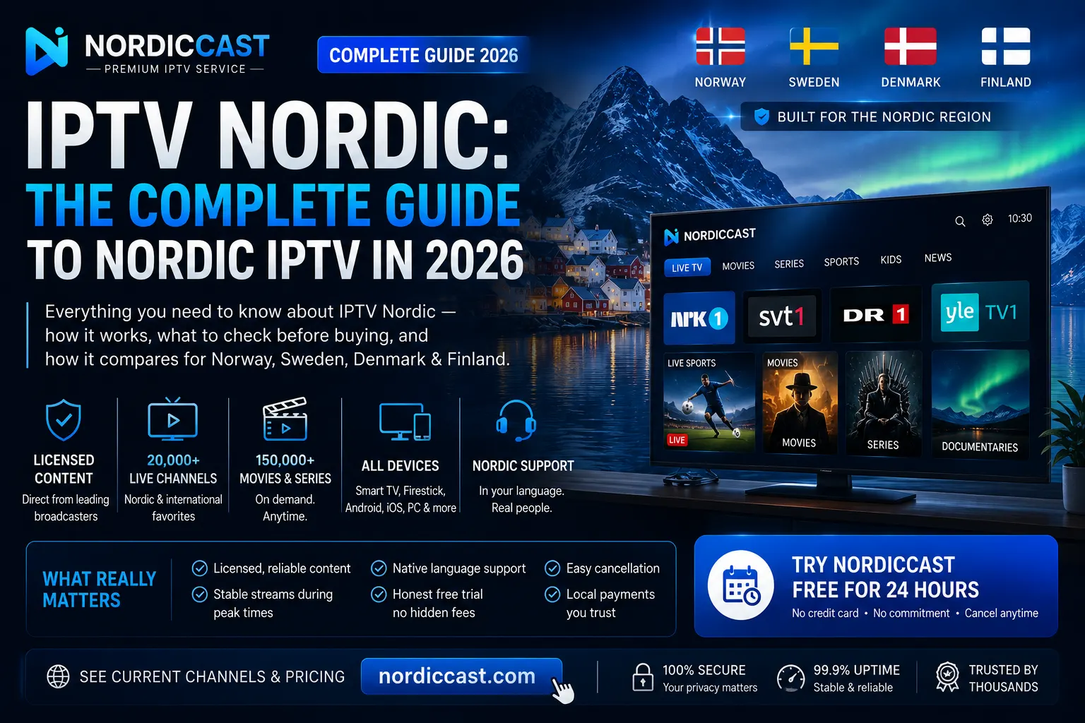 NordicCast-banner: kompletta guiden till nordisk IPTV 2026, med SVT, NRK, DR och Yle på en 4K-tv.